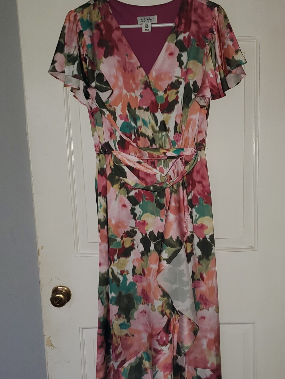 Nicole Miller Floral Wrap Maxi Dress in Pink, Green and Coral